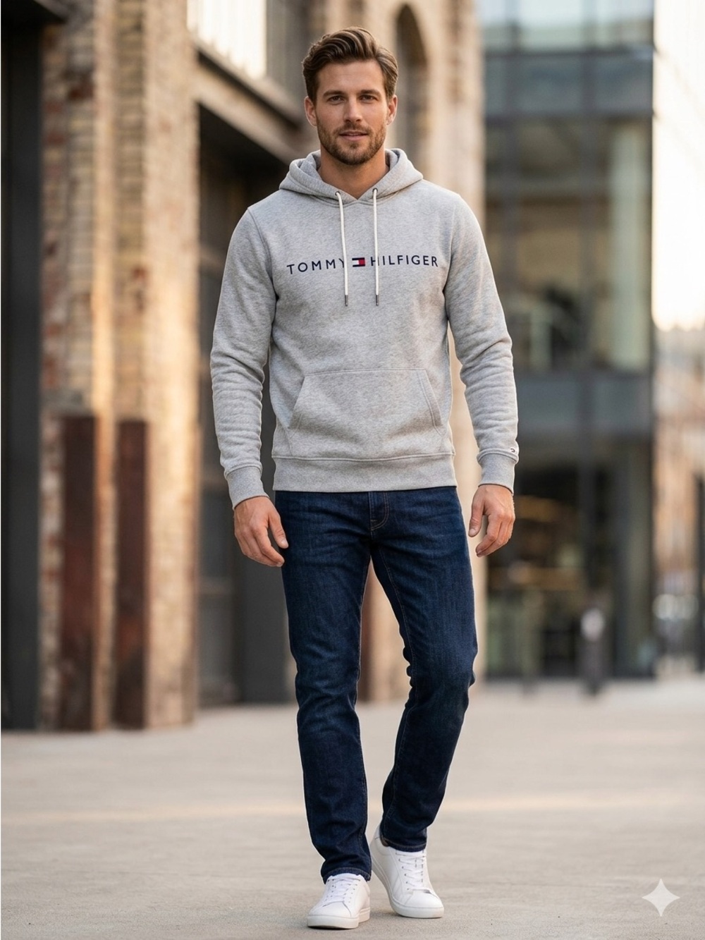 Tommy Hilfiger Grey Heavyweight Logo pullover hoodie Size L